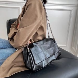 Zara Black Quilted Leather Shoulder Bag with Chain Strap